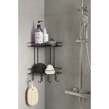 Özbience Iki Katlı Siyah Banyo Köşe Rafı ve Şampuanlık Organizeri