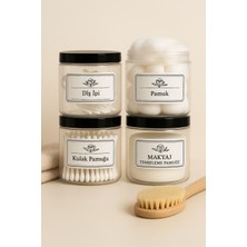 Özbience Şeffaf Cam Görünümlü Siyah Kapaklı 4'lü Mika Kavanoz Seti, Diş Ipi, Pamuk, Kulak Pamuğu ve Makyaj Temizleyici