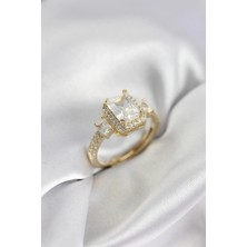 Alvo Store Buğz Gold Renk Kare Baget Zirkon Taşlı Tek Taş Model Kadın Yüzük