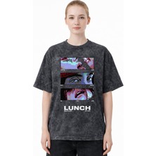 Sevbano Tasarım Billie Eilish Lunch Şarkıcı Baskılı Unisex Oversize Eskitme Yıkamalı Tişört