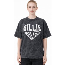 Sevbano Kalp Temalı Billie Eilish Şarkıcı Baskılı Unisex Oversize Eskitme Yıkamalı Tişört