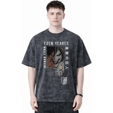 Sevbano Tasarım Eren Yeager Attack On Titan Anime Baskılı Unisex Oversize Eskitme Yıkamalı Tişört
