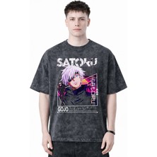Sevbano Tasarım Gojo Satoru Jujutsu Kaisen Anime Baskılı Unisex Oversize Eskitme Yıkamalı Tişört