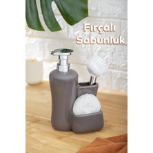 Özbience Gri Tezgah Üstü 550ML Sıvı Sabunluk, Fırçalı, Süngerli, Porselen, 20CM