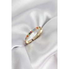 Alvo Store Buğz Sıralı Karışık Renkli Gold Renk Zirkon Taşlı Kadın Yüzük