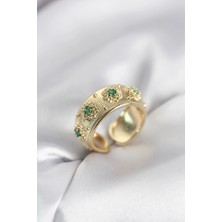 Alvo Store Buğz Yeşil Zirkon Taşlı Gold Renk Vintage Kadın Yüzük