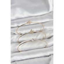 Alvo Store Buğz Zirkon Taşlı Gold Renk Yonca Model 3'lü Kadın Bileklik Kombini