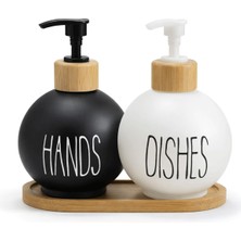 Özbience Modern Bambu Standlı 2’li Cam Sabunluk Seti, 500 ml Sıvı Sabunluk Takımı