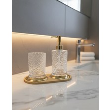 Özbience 2'li Kristal Sabunluk Set, Bambu Altlıklı, Diş Fırçalık ve Sıvı Sabunluk