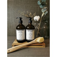 Özbience Şık Ahşap Çıtalı Amber Cam Sıvı Sabunluk ve Bulaşık Deterjanı Şişesi Seti