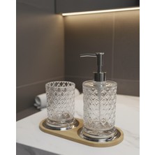 Özbience 2'li Kristal Sabunluk Set Bambu Altlıklı, Diş Fırçalık ve Sıvı Sabunluk