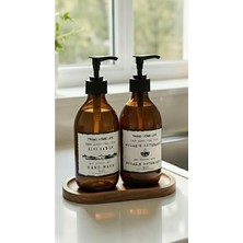 Özbience Ahşap Stantlı 2'li Amber Cam Sabunluk ve Deterjan Şişesi 300 ml