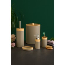 Özbience Bambu Desenli 5'li Banyo Seti Çöp Kovası, Sıvı Sabunluk ve Diş Fırçalık