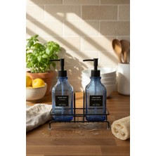Özbience Modern Çizgili Cam Sabunluk ve Deterjanlık Seti, Mavi, 500 ml