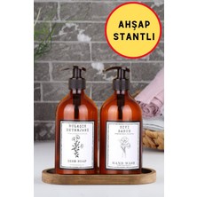 Özbience Ahşap Stantlı 2'li Amber Cam Sıvı Sabun Bulaşık Deterjanı Şişesi 500ML