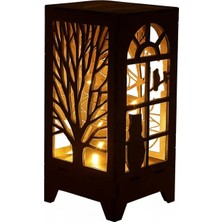 Alshop Mini Tasarım Ahşap Abajur Masa Lambası Ceviz Renkli Lazer Kesim LED Aydınlatma Özellikli