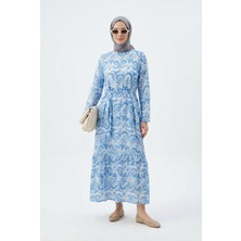 Armine Trend Doğal Kumaş  Desenli Beli Kuşaklı Kolu Lastikli Rahat Kalıp Elbise Mavi 25YT963