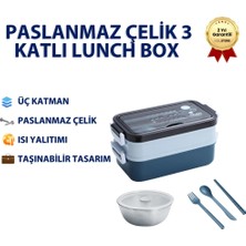Mavi Paslanmaz Çelik 3 Katlı Yemek Taşıma Kabı Isı Yalıtımlı Lunch Box