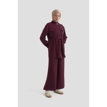 Armine Trend Belden Sıkmalı Broş Detaylı Pantolonlu Ikili Takım Mürdüm 25KT646