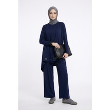 Armine Trend Kuşgözü Detaylı Asimetrik Kesim Pantolonlu Ikili Takım Lacivert 25KT6109
