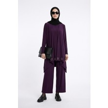 Armine Trend Kuşgözü Detaylı Asimetrik Kesim Pantolonlu Ikili Takım Mürdüm 25KT6109