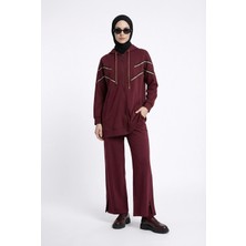 Armine Trend Kapüşonlu Simli Şerit Detaylı Pantolonlu Ikili Takım Bordo 25KT631