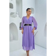 Dip Moda Kadın Kemer Detaylı Kruvaze Yaka Piliseli Lila Midi Elbise