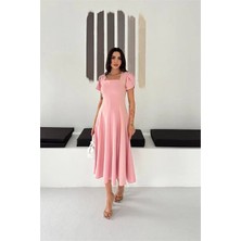 Dip Moda Kadın Pembe Kare Yaka Balon Kol Midi Boy Elbise DPK4550