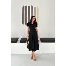 Dip Moda Kadın Siyah Kare Yaka Balon Kol Midi Boy Elbise DPK4550