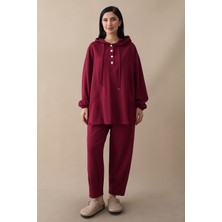 inStyle Kapüşonlu Düğmeli Ikili Bordo Modal Takım