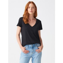 Dilvin 3470 Kadın Siyah V Yaka Kısa Kol Basic T-Shirt Düz Renk Pamuk