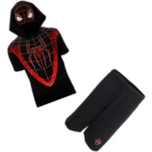 Marvel Spider-Man Kısa Kollu Tshirt Kapşonlu ve Şortlu Takım Kostüm Siyah Renk Erkek Çocuk