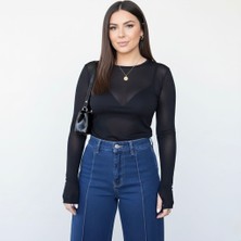 Koza Butik Kadın Büyük Beden Uzun Kollu Kayık Yaka Transparan Viskon Bluz 2037-26