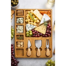 Barotti Ahşap Peynir Servis Tabağı 6+1 Bölmeli – 3’lü Peynir Bıçağı Seti Şarküteri Sunum Tahtası