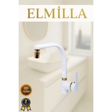 ELMİLLA Beyaz Gold Armut Balık Sırtı Evye Bataryası Musluğu Oynar Başlıklı