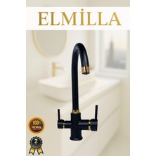 ELMİLLA 3 Yollu Arıtmalı Baston Borulu Mutfak Bataryası Siyah Gold Lüx