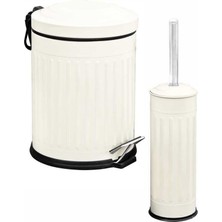 Özbience 2'li Banyo Seti, 5 Lt Vintage Serisi Krem Çöp Kovası ve Amortisör Kapaklı