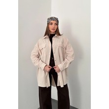 Elbee Fashion Woman Bej Çift Cep Kapaklı Çıtçıtlı Gömlek
