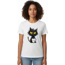 Texrium Kadın Siyah Kedi Baskılı Beyaz Regular T-Shirt -Cute Cool Cat Grafik Tasarım