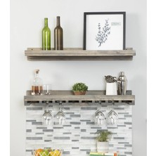 Merzana Ahşap Duvar Şaraplık & Kadehlik Raf – Akça Ağaç 2 Katlı Dekoratif Mutfak ve Bar Rafı