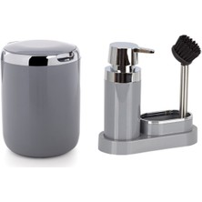 Özbience Gri Plastik Sıvı Sabunluk ve Fırça Seti, 300ML, Mutfak Sünger Hazneli