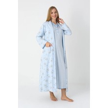 Erdeniz Tekstil Desenli Penye Lohusa Hamile Gecelik ve Sabahlıklı Uzun Kollu Emzirme Düğmeli Takım