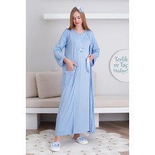 Erdeniz Tekstil Hamile Gecelik & Sabahlık Takım / Cepli Sabahlık & V Yaka Kısa Kol Gecelik / Terlik ve Taç Hediyeli