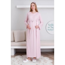 Erdeniz Tekstil Dantelli V Yaka Hamile & Lohusa Gecelik ve Sabahlık Takım / Terlik ve Taç Hediyeli