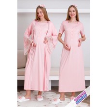 Erdeniz Tekstil Hamile Gecelik Dantel Detaylı  Emzirme / Tesettür Giyim / Düğmeli 2'li Takım / Terlik ve Taç Hediye