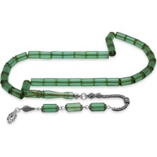 Tesbihane 925 Ayar Gümüş Püsküllü Kesme Kesim Su Yeşili Ateş Kehribar Tesbih