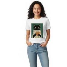 Texrium Kadın Beyaz Kedi Baskılı Rahat Kesim T-Shirt - Cool Cat Who Loves Coffee