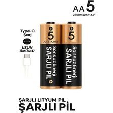 Exenar Şarjlı Kalın Kalem Pil Aa Şarj Edilebilir Pil 1.5V 2800MWH Lityum-Ion Kalın Pil Aa 5 Type-C Şarjlı