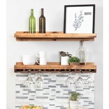 Merzana Ahşap Duvar Şaraplık & Kadehlik Raf – Meşe 2 Katlı Dekoratif Mutfak ve Bar Rafı