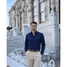 Beystil Slim Fit Lacivert Saten Gömlek 